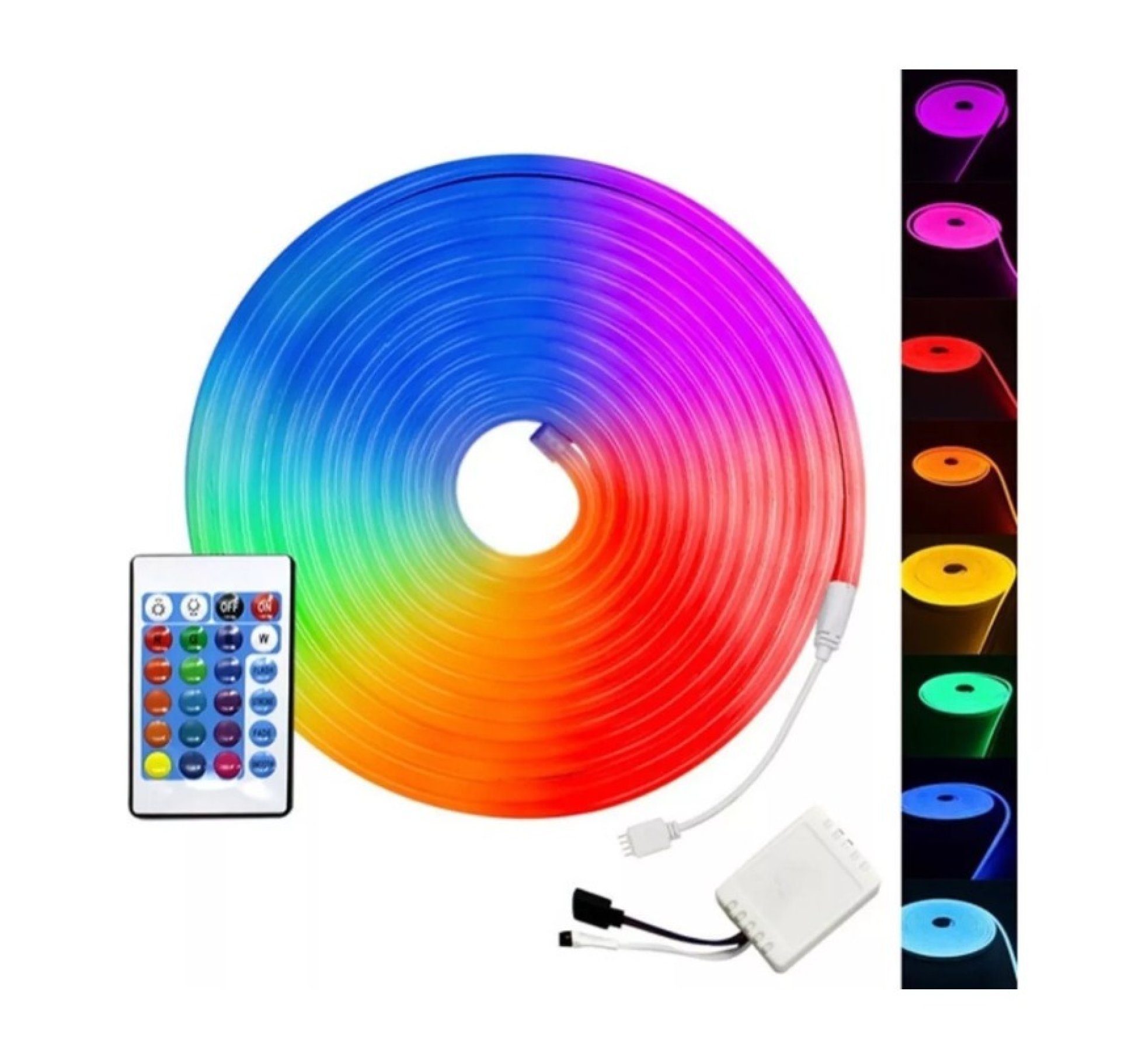 CINTA NEON 10 WATTS RGB DE 5 METROS 120 LED POR METRO SECUENCIAL CON CONTROL Y TRANSFORMADOR 5050 PRIMERA